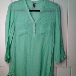 Vanity Blouse Women S Sheer 3/4 Sleeve Pockets Green
